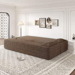 Modern Floor Sofa with 2 Pillows,Convertible Teddy Fabric Foam Filled Sleeper Sofa Bed,15 ' Full Size Folding Mattress for Living Room,Guest Bed,Playroom,No Assembly Required,Brown