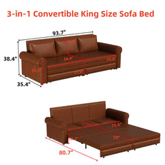 93.7 ' Pull Out Sofa Bed, 3-in-1 Faux Leather Convertible Sleeper Sofa with Nailhead Trim & Rolled Arm,Multi-Functional Sofa Bed for Living Room,Bedroom,Apartment,Office