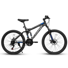 A2460 24 Inch Mountain Bike with Full Suspension, 21 Speed Shifter Lever with Gear Indicator, High Carbon Steel Frame, Mechanical Disc Brakes, Unisex for Men/Women/ Adults, Ideal for Trails.