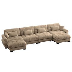 Modern Velvet U Shaped Sectional Sofa Cloud Couch with Movable Ottomans and Bolstered Armrests in Camel