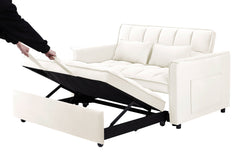 55.1-inch 3-in-1 convertible sofa bed, modern velvet double sofa Futon sofa bed with adjustable back, storage bag and pillow, for living room, bedroom (Off white)