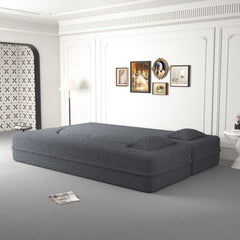 Modern Floor Sofa, with 2 Pillows, Convertible Teddy Fabric Foam Filled Bed, 15 inch Full Size Folding Mattress, Suitable for Living Room, Guest room, Game Room, Grey