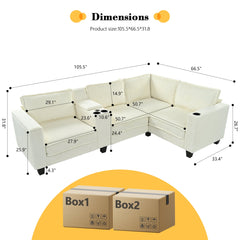 L-shaped 4-seater 105.5''*66.5'' corduroy sofa, large storage armrests with center console, USB charging, left and right seats can be switched, 2 packages of 130