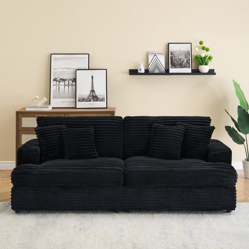 79.3 'long, corduroy sofa with 4 matching pillows, stylish design spacious and comfortable 3-seater sofa suitable for modern living room, black