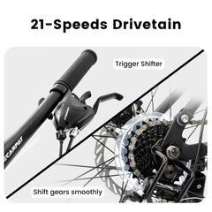 A2460 24 Inch Mountain Bike with Full Suspension, 21 Speed Shifter Lever with Gear Indicator, High Carbon Steel Frame, Mechanical Disc Brakes, Unisex for Men/Women/ Adults, Ideal for Trails.