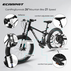 A26309 26 inch Mountain Bike,Full-Suspension 21 Speeds Drivetrain with Disc-Brake MTB Bicycle, 26*4' Fat tire Bike for Men