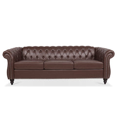 Dark Brown PU Rolled Arm Chesterfield Three Seater Sofa with Solid Wood Frame and Birch Legs