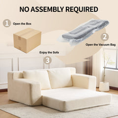 Loveseat Sofa, Comfortable Deep Seat Sofa Bed, Modern Small Corduroy Couch for Living Room Bedroom,Reversible Cushion with Pillows,No Assembly Required,White