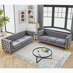 {Contact us for 3D modeling}  Velvet Sofa for Living Room,Buttons Tufted Square Arm Couch, Modern Couch Upholstered Button and Metal Legs, Sofa Couch for Bedroom, Grey Velvet .2PCS