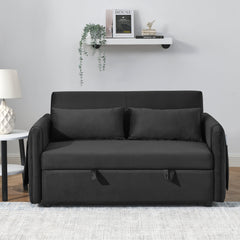55' Modern Convertible Sofa Bed with 2 Detachable Arm Pockets, Velvet Loveseat Sofa with Pull Out Bed, 2 Pillows and Living Room Adjustable Backrest, Grid Design Armrests