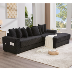 [NEW ARRIVED] [VIDEO PROVIDED] 110.75' Modular L Shaped Sofa, Corduroy Fabric Sectional Couch,With a movable footstool, Cup Holders,Bring 8 throw pillows,Side Pocket,Unfold into a Bed,Black