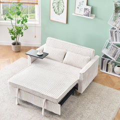 The pull-out and push-in beige corduroy sofa with dual functions, equipped with a movable tabletop and USB ports, is suitable for use in living rooms and bedrooms.
