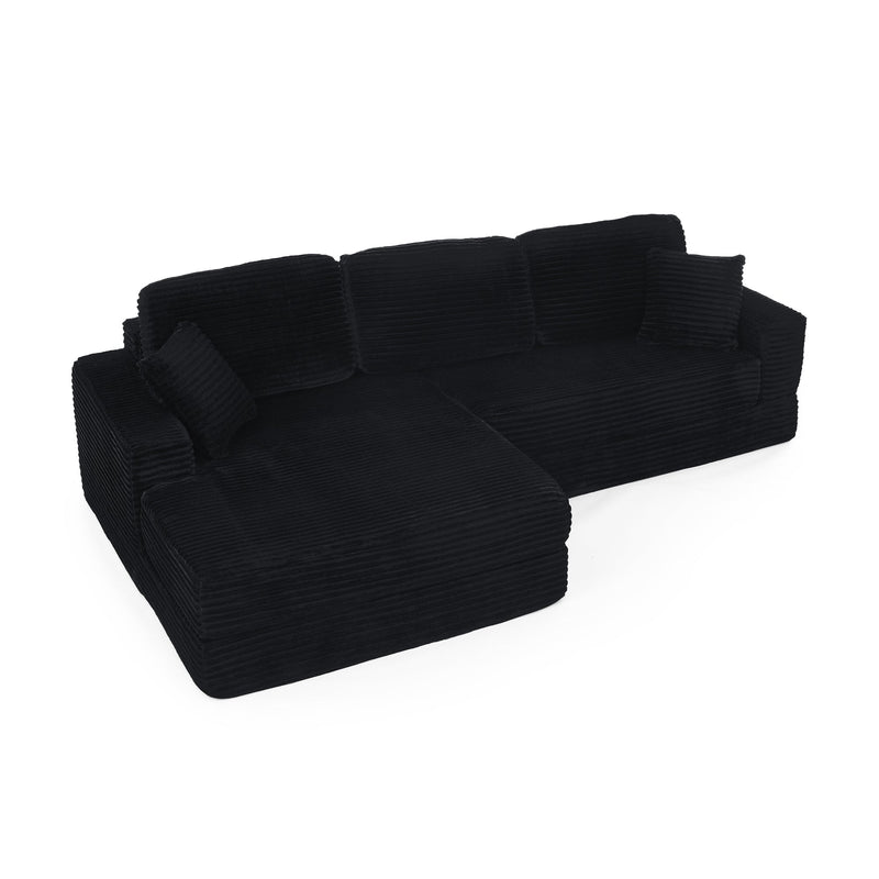 Modern Minimalist L-Shape Modular Sectional Sofa Bed with Corduroy Fabric in Black