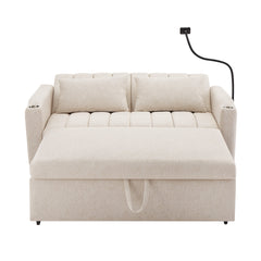 Convertible Sofa Bed Loveseat with USB Ports, Side Pockets, Cup Holders, Swivel Phone Holder, Beige, Bella Fabric