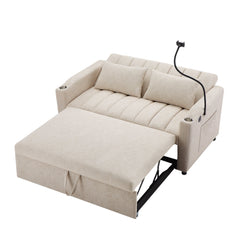 Convertible Sofa Bed Loveseat with USB Ports, Side Pockets, Cup Holders, Swivel Phone Holder, Beige, Bella Fabric