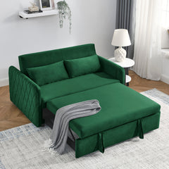 55' Modern Convertible Sofa Bed with 2 Detachable Arm Pockets, Velvet Loveseat Sofa with Pull Out Bed, 2 Pillows and Living Room Adjustable Backrest, Grid Design Armrests