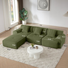 Modern L-Shaped Modular Sectional Sofa in Green Corduroy, 113' Oversized 3-Seater with Deep Seat and Movable Ottoman – No Assembly Required