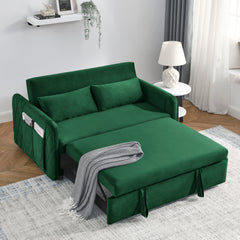 55' Modern Convertible Sofa Bed with 2 Detachable Arm Pockets, Velvet Loveseat Sofa with Pull Out Bed, 2 Pillows and Living Room Adjustable Backrest, Grid Design Armrests