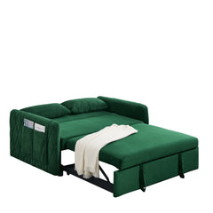 55' Modern Convertible Sofa Bed with 2 Detachable Arm Pockets, Velvet Loveseat Sofa with Pull Out Bed, 2 Pillows and Living Room Adjustable Backrest, Grid Design Armrests