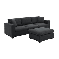 Modern Sectional Sofa with Convertible Ottoman and 2 Free Pillows, L-shaped 4-Seat Polyester Fabric Couch Set, Black