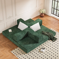 80 ' Convertible Couch Bed with 2 Pillows, 3-Seat Folding Floor Couch & King Size Bed Mattress, DIY Combination, Chenille, GREEN