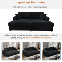 Oversized Loveseat Chaise Lounge Sectional Sofa Bed with USB Ports, Cup Holders, and Pillows, Black Corduroy