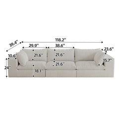 118.2' Cloud Sofa,Corduroy Fabric,Deep Seat Couches,Double-layer design,Removable  Cushion,No Assembly, DIY Combination for Living room, Bedroom,Conference room ,Apartment,White