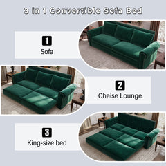 93.7 ' King Pull Out Sofa Bed, 3-in-1 Velvet Convertible Sleeper Sofa with Nailhead Trim & Rolled Arm, Multi-Functional Sofa Bed for Living Room,Bedroom,Apartment,Office,Green