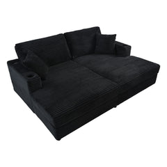 Oversized Loveseat Chaise Lounge Sectional Sofa Bed with USB Ports, Cup Holders, and Pillows, Black Corduroy