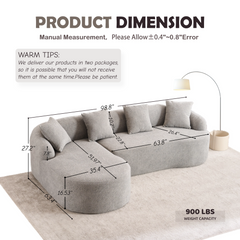 Boneless L-Shape Sectional Sofa with Curved Chaise,Grey Modular Chenille Compression Couch,30D High-Density Foam,Minimalist Modular Couches Sleeper for Living Room Bedroom Apartment Lounge.