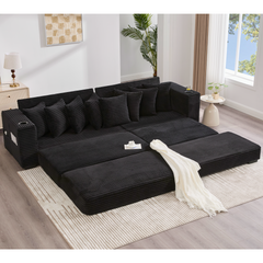 [NEW ARRIVED] [VIDEO PROVIDED] 110.75' Modular L Shaped Sofa, Corduroy Fabric Sectional Couch,With a movable footstool, Cup Holders,Bring 8 throw pillows,Side Pocket,Unfold into a Bed,Black