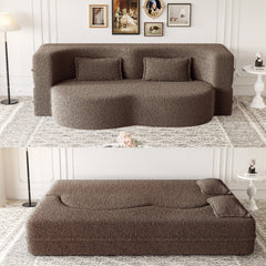 Modern Floor Sofa with 2 Pillows,Convertible Teddy Fabric Foam Filled Sleeper Sofa Bed,15 ' Full Size Folding Mattress for Living Room,Guest Bed,Playroom,No Assembly Required,Brown