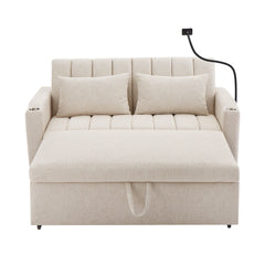 Convertible Sofa Bed Loveseat with USB Ports, Side Pockets, Cup Holders, Swivel Phone Holder, Beige, Bella Fabric