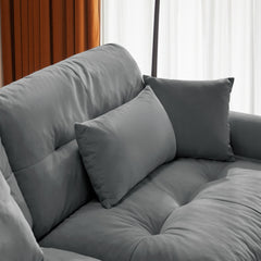 Modern Grey Velvet Two-Seater Sofa with Ottoman and Round Bolster Armrests, L Shape for Living Room