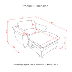 51' Oversize Chaise Lounge Chair with Ottoman and Storage  Upholstered Soft Chenille Black