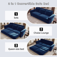 93.7 ' King Pull Out Sofa Bed, Chesterfield Sofa, 3-in-1 Velvet Convertible Sleeper Sofa with Nailhead Trim & Rolled Arm, Multi-Functional Sofa Bed for Living Room, Bedroom, Apartment, Office, Blue