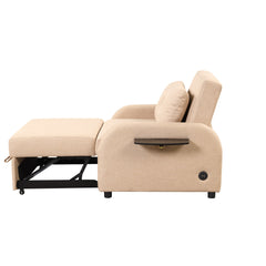 Versatile Pull Out Sofa Sleeper 3 in 1 with Wing Table & USB Charge, Beige Linen, Compact Design