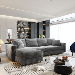 104.3 ' Plush Corduroy 4-Seat Sofa, Modern Comfy Upholstered Sofa Cloud Couch, Deep Seat Couches with Soft Pillows and 3 Ottomans, Convertible Sofa Lounge Chair, for Living Room,Apartment,Office,Grey