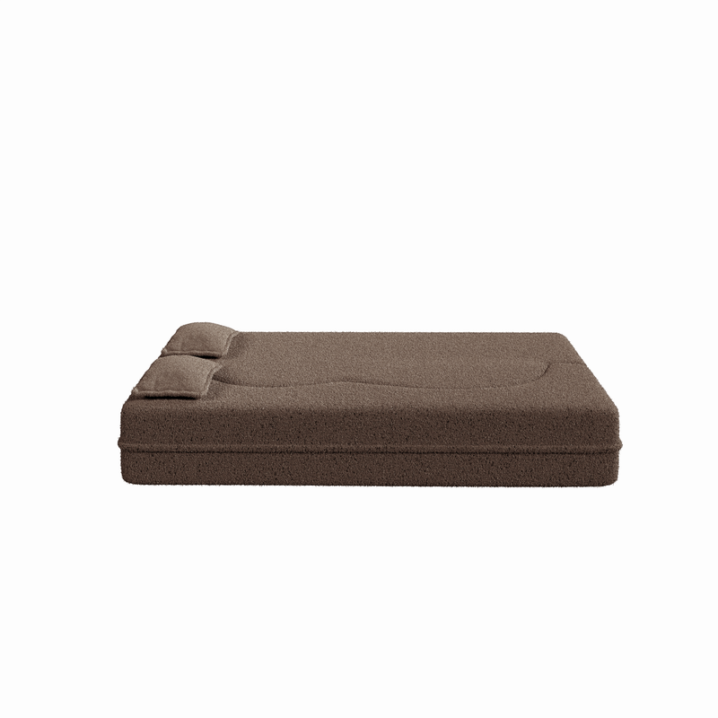 Modern Floor Sofa with 2 Pillows,Convertible Teddy Fabric Foam Filled Sleeper Sofa Bed,15 ' Full Size Folding Mattress for Living Room,Guest Bed,Playroom,No Assembly Required,Brown