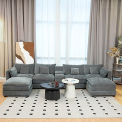 U Shaped Sectional Cloud Couch for Living Room,144' Comfy Fluffy Modular Sofa with Movable Ottoman Modern Chenille 6 Seat Sectional Sofa Set with Console, Cup Holders, Grey