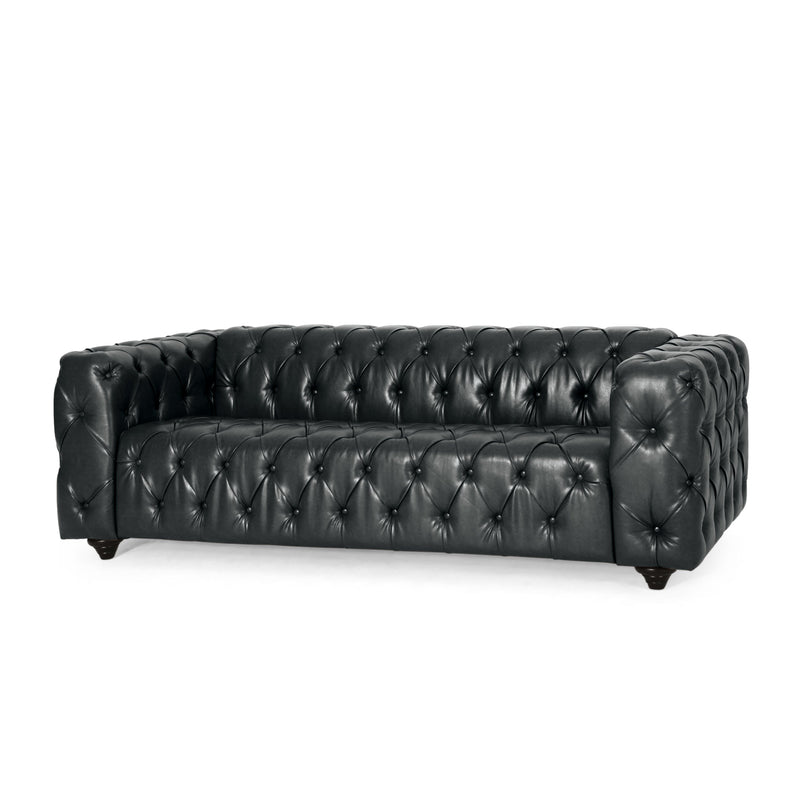 Mirod Comfy 3-Seat Sofa with Wooden Legs, PU Upholstery, Black, 83.5'' Width