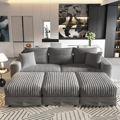 82.7 ' Plush Corduroy 3-Seat Sofa, Modern Comfy Upholstered Sofa Cloud Couch, Deep Seat Couches with Soft Pillows and 3 Ottomans, Convertible Sofa Lounge Chair, for Living Room,Apartment,Office,Grey