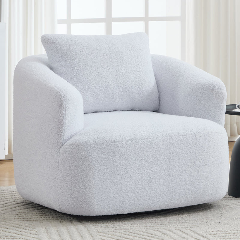 360° Swivel Round Upholstered Comfy Chair With One Soft Pillow, Teddy Fleece High-Resilience Sponge Single Sofa, No Assembly for Living Room, Bedroom, Apartment, White