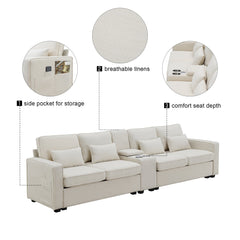 [VIDEO provided] [New] 114.2' Upholstered Sofa with Console, 2 Cupholders and 2 USB Ports Wired or Wirelessly Charged, Modern Linen Fabric Couches with 4 Pillows for Living Room, Apartment (4-Seat)