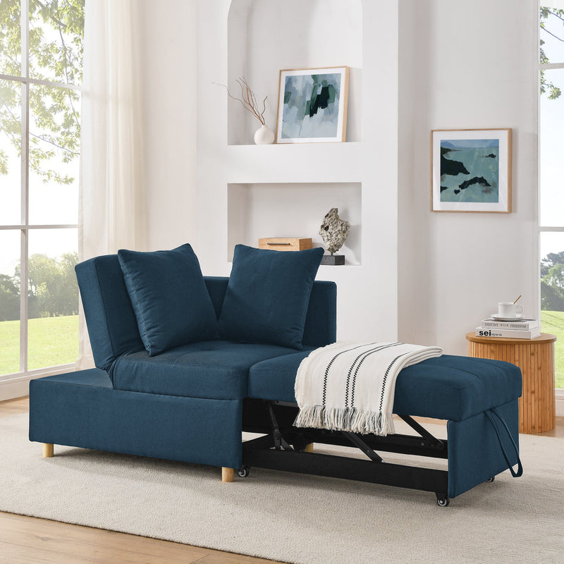 Convertible Sleeper Sofa Chair Adjustable Backrest Recliner with Pullout Sofa Bed with Wheels, Modern Linen Fabric for Living Room for Tight Spaces, Blue