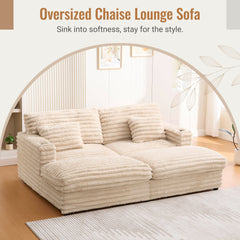 Plush Upholstered Oversized Double Chaise Lounge Sofa with USB Ports and Cup Holders, Champagne, Faux Rabbit Fur, 83.5'