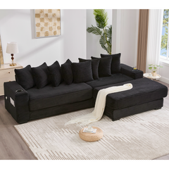 [NEW ARRIVED] [VIDEO PROVIDED] 110.75' Modular L Shaped Sofa, Corduroy Fabric Sectional Couch,With a movable footstool, Cup Holders,Bring 8 throw pillows,Side Pocket,Unfold into a Bed,Black
