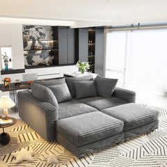 104.3 ' Plush Corduroy 4-Seat Sofa, Modern Comfy Upholstered Sofa Cloud Couch, Deep Seat Couches with Soft Pillows and 3 Ottomans, Convertible Sofa Lounge Chair, for Living Room,Apartment,Office,Grey