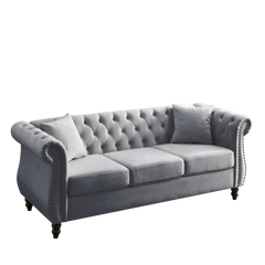 [Video] 80' Chesterfield Sofa Grey Velvet for Living Room, 3 Seater Sofa Tufted Couch with Rolled Arms and Nailhead for Living Room, Bedroom, Office, Apartment, two pillowsW834S00009