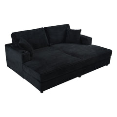 Oversized Loveseat Chaise Lounge Sectional Sofa Bed with USB Ports, Cup Holders, and Pillows, Black Corduroy